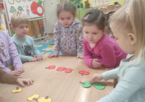 Dzieci segregują jabłka wg. koloru.